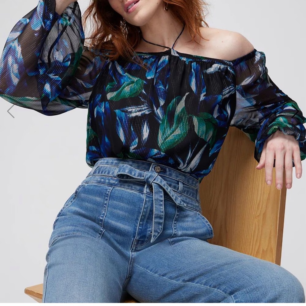 White House Black Market Blue and Green Off-Shoulder Blouse